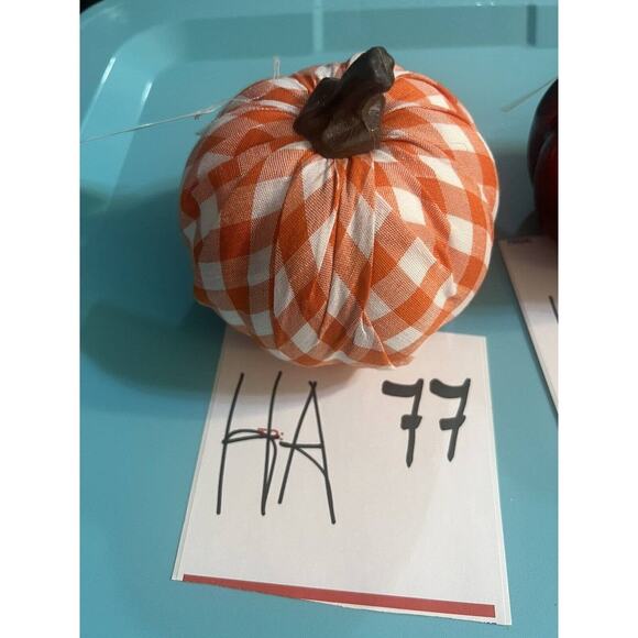 PUMPKIN Small Orange And White Plaid Fabric Covered Pumpkin 4.5” Tall 5” Wide - Picture 3 of 3